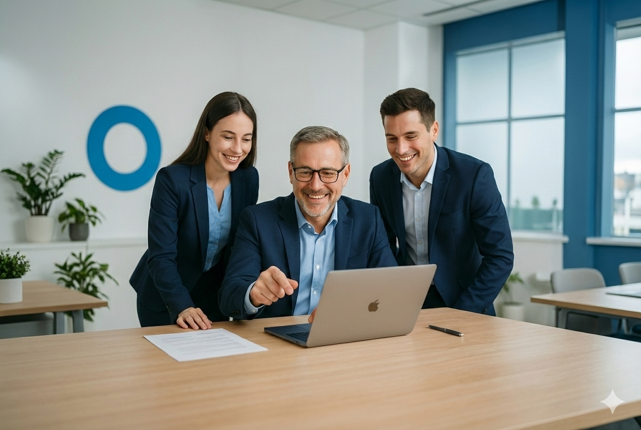 Simple icon set and a calm, professional team setting