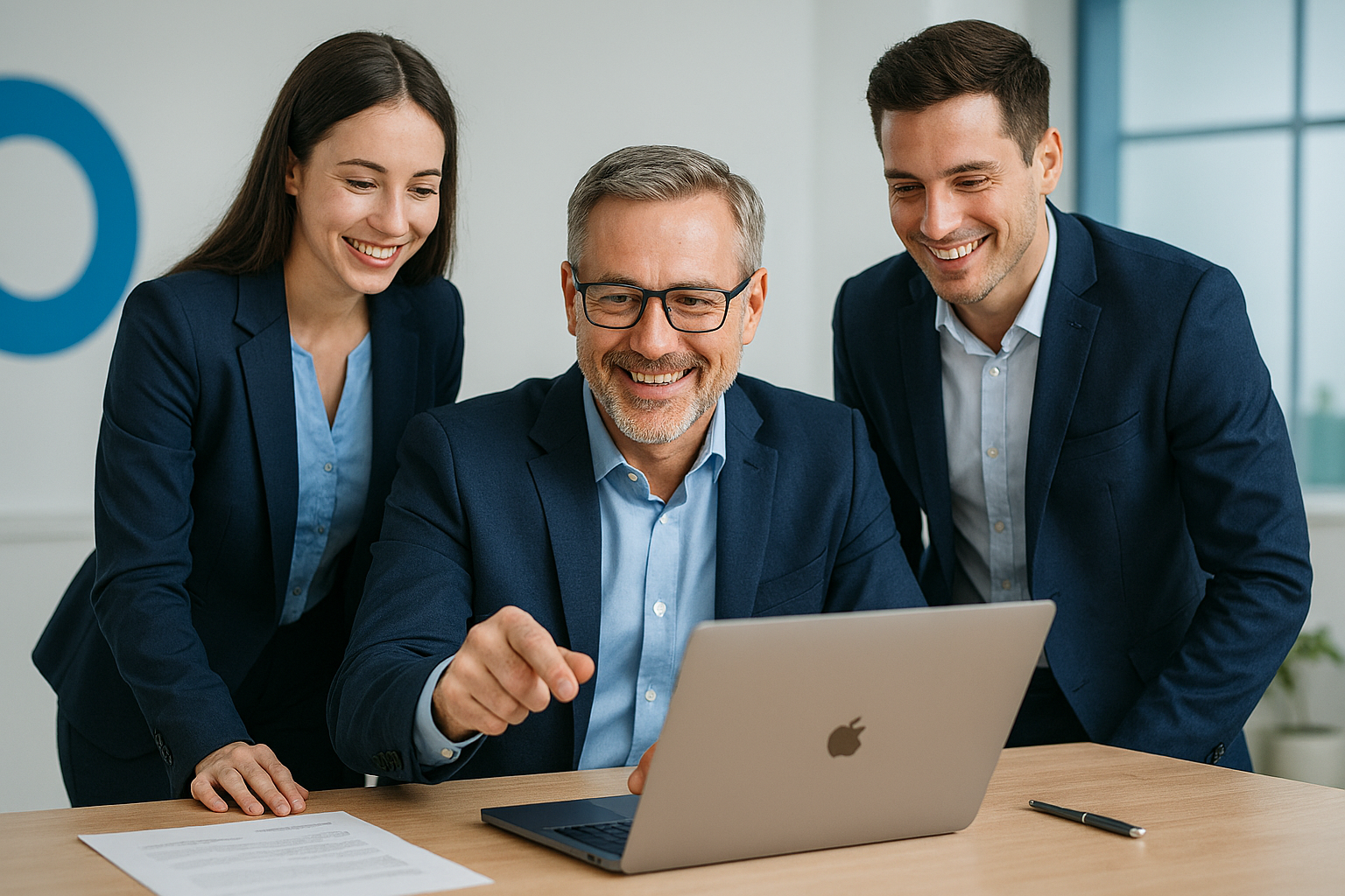 Simple icon set and a calm, professional team setting