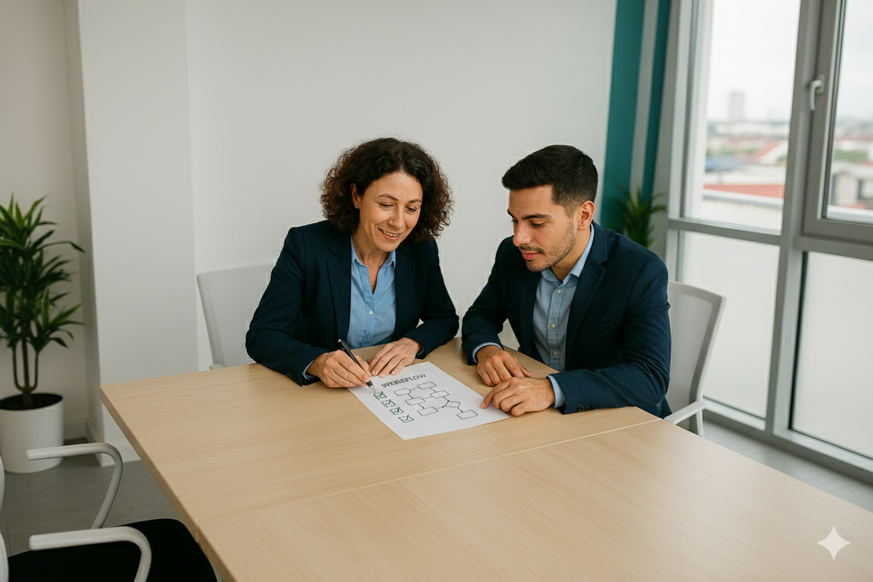 Candid photo of two people reviewing a checklist or workflow