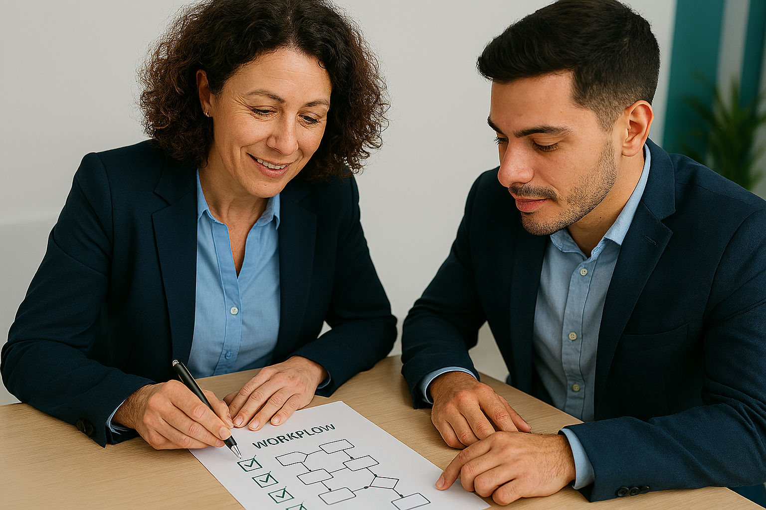 Candid photo of two people reviewing a checklist or workflow