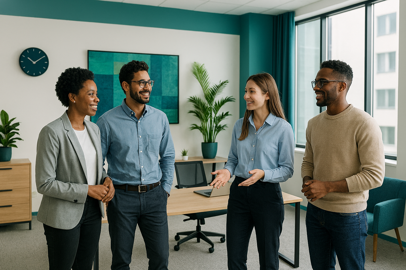 Team collaboration photo; inclusive, modern, not staged